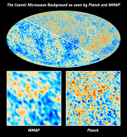 The Cosmic Microwave Background - as seen by Planck and WMAP. Credit: ESA and the Planck Collaboration; NASA / WMAP Science Team